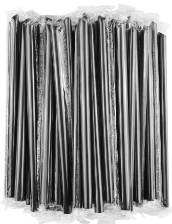 Straws, 7.75" Black Clear Wrapped Jumbo Straws IND. Pack 500