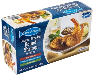 Food, Mrs. Friday's Coconut Breaded Round Shrimp 16-20 Ct