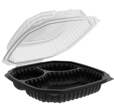 To Go Container, 10.25x9x3 Microwavable Hinged Container, 3-Comp.