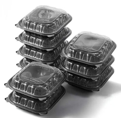 To Go Container, Microwavable 9x9 Hinged Container, Black, Clear Lid